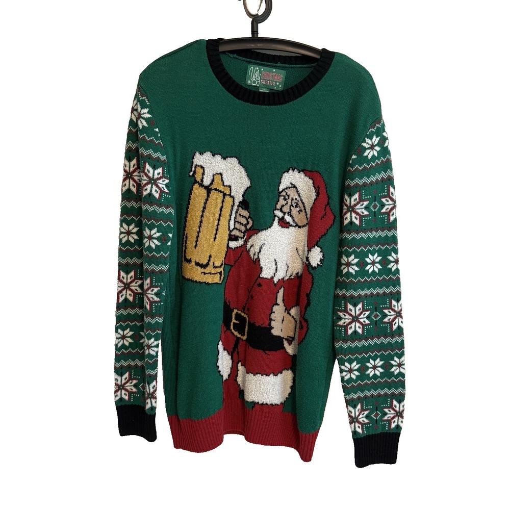 Mens Ugly Christmas Sweater Santa Beer Size L Holiday Party Pullover Crewneck